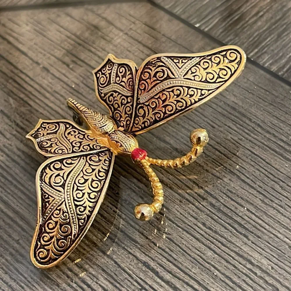 Vintage Damascene Butterfly Pin - Brooch Filigree Design Marked Spain